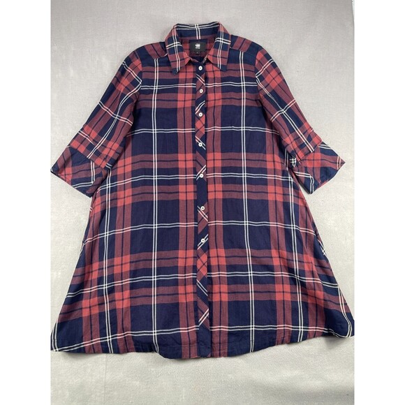 G STAR RAW Shirt Dress Womens Size Large Plaid 3/4 Sleeve Button Up Blue Red - Picture 1 of 13